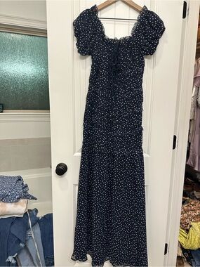 ASOS Navy Polka Dot Maxi Dress with Puff Sleeves